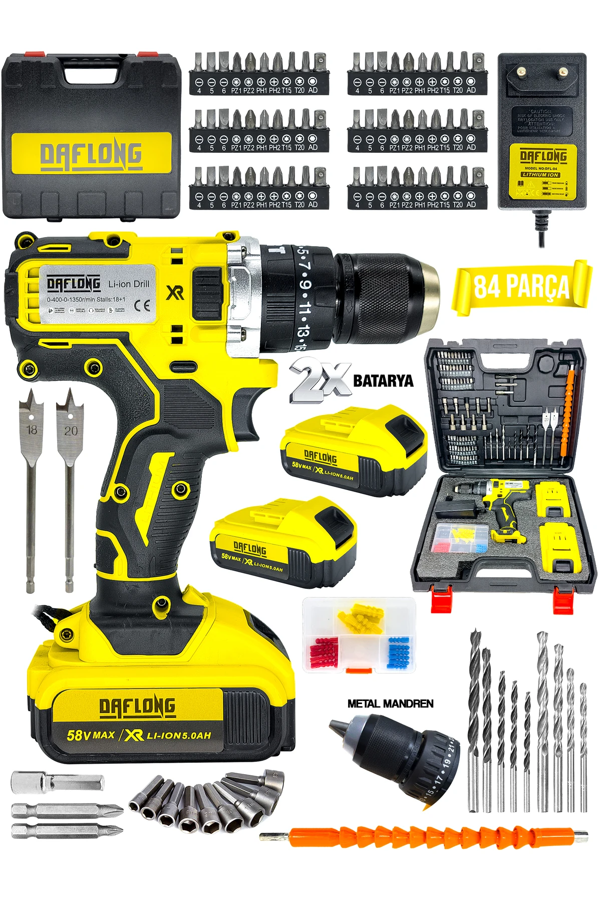 DARBELİ Matkap 21 V 2ah Li-İON Çift Metal Şanzuman Çift Akülü Şarjlı Matkap 84 Parça Set
