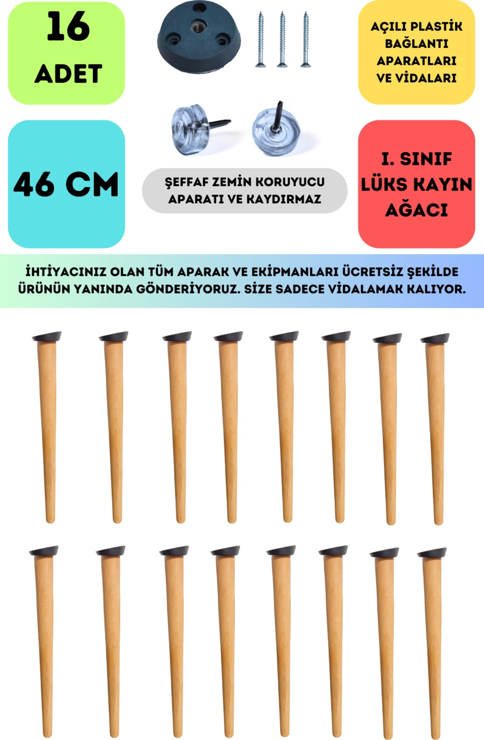16'lı Konik Lüks Ahşap Ayak, Masa Ayağı, Sehpa Ayağı, Açılı Parat ve Vidalar 46 cm