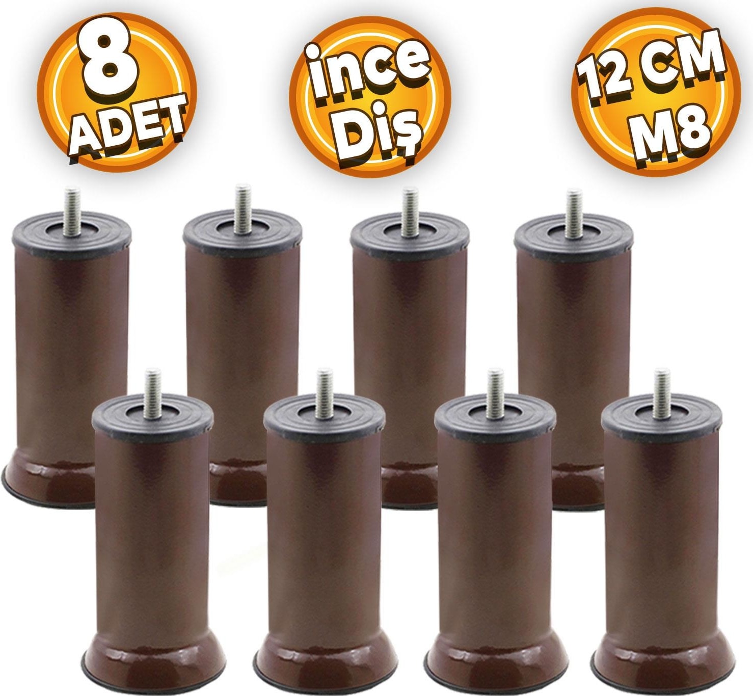 Mobilya Baza Kanepe Koltuk Çekyat Yükseltme Ayağı Ince Diş M8 Kahve Metal Ayakları 12cm 8 Adet