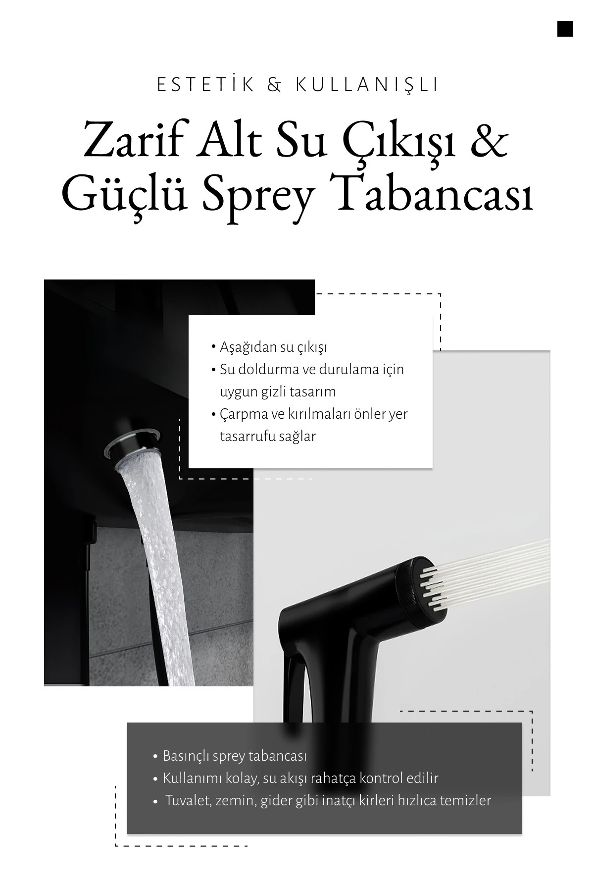 Premium Siyah Duş Sistemi Seti - 4 Fonksiyonlu Yağmur Duş Başlığı, Temperli Cam Raf, Masajlı El Duşu