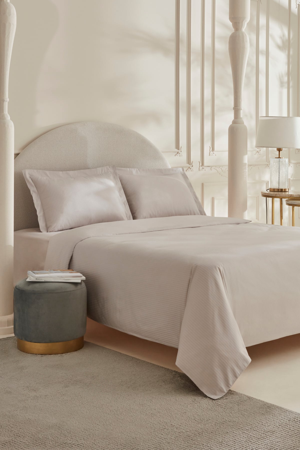 White Collection Vessa Çift Kişilik Çizgili Saten Nevresim Takımı Açık Gri