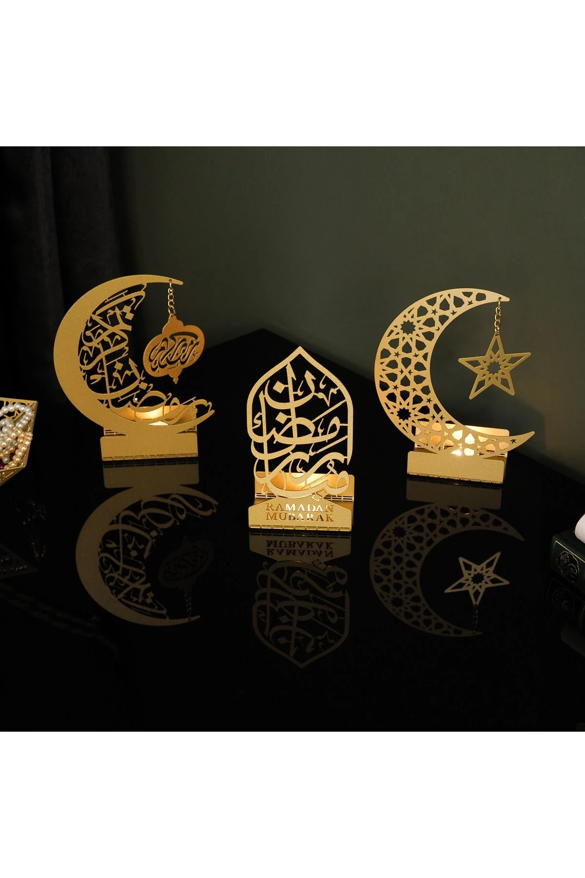 3'lü Metal Mübarek Ramazan Mumluk Seti - Altın - Hoşgeldin Ramazan Süsleri Ev Dekorasyon - Wamh099