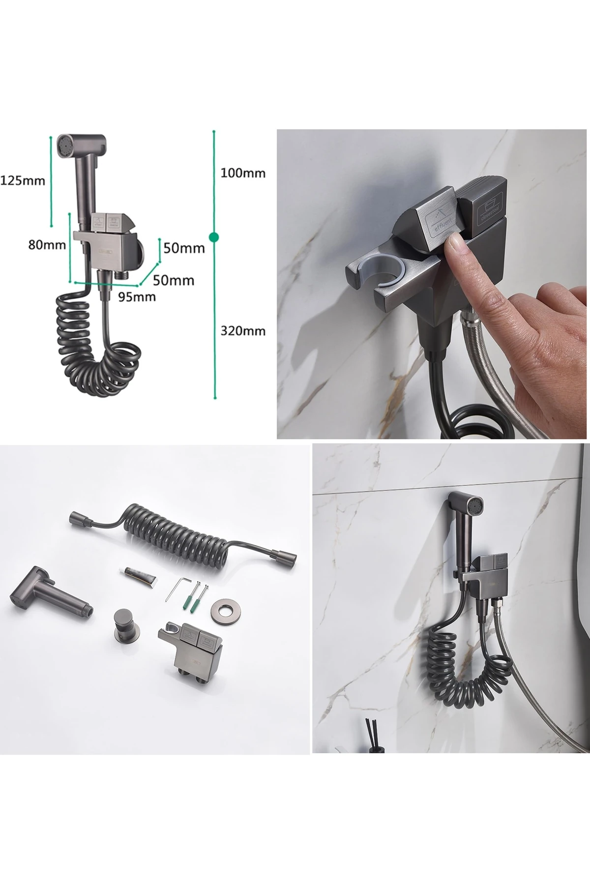 Banyo Bide Basınçlı Püskürtücü Taharet Musluğu Klozet Hortumu Antrasit Renk İthal 7 Yıl Garantili