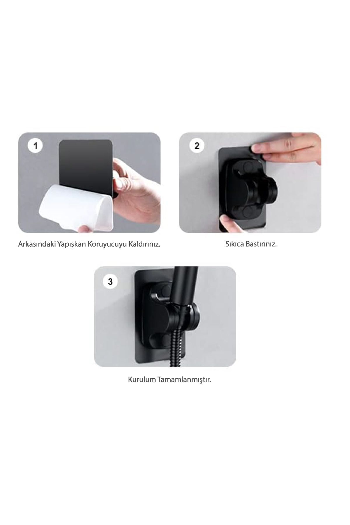 Aqua Kare 3 Fonksiyon Duş Başlığı , Askılıklı Siyah Yapışkanlı Mafsal ve Örgülü Duş Hortumu Duş Seti