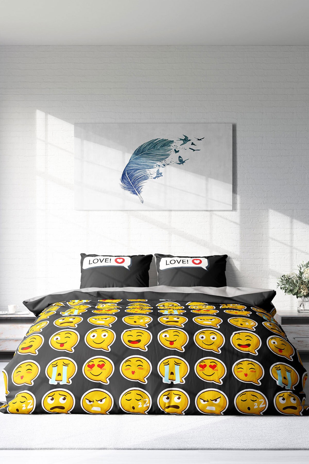 Lastikli Çarşaflı %100 Pamuk Saten Çift Kişilik Nevresim Takımı I Love Emoji