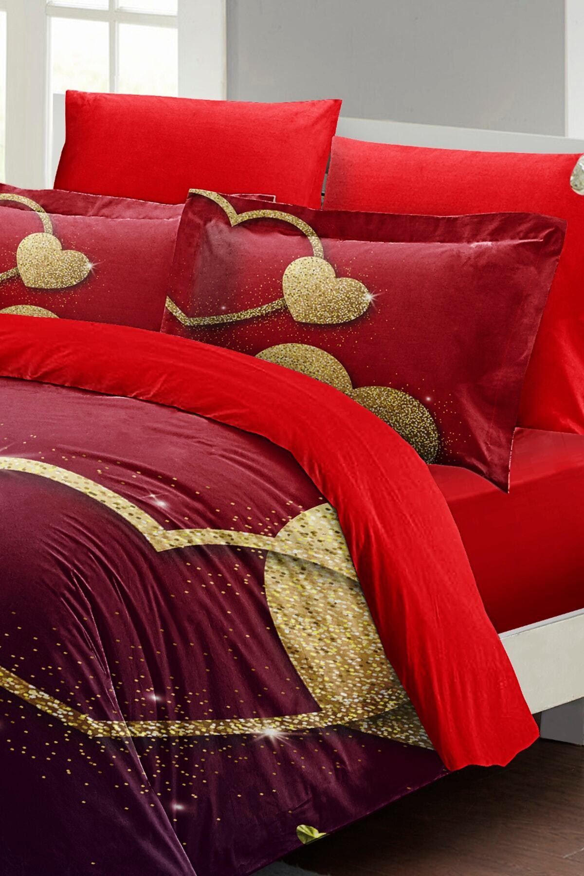 Kıng Sıze Sevgililer Günü Çift Kişilik Nevresim Takımı%100 Pamuk Saten Shine Love 220x240cm