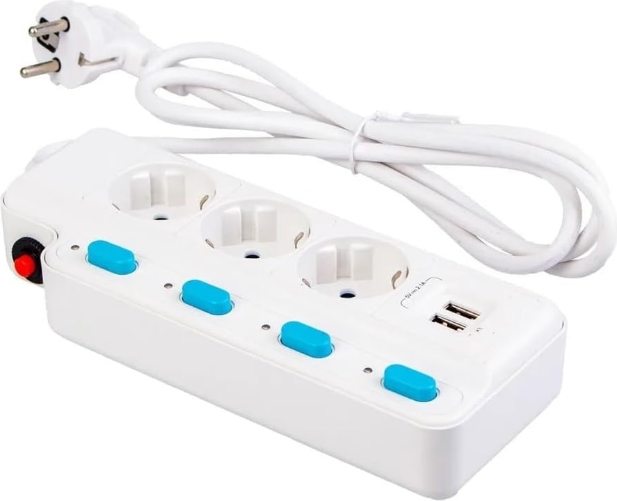 Termal Akım Korumalı 2500W 10 Amper 3 Lü Priz 1.5 Metre Uzatma Kablosu Çoklu Priz 2 USB Çocuk Korumalı