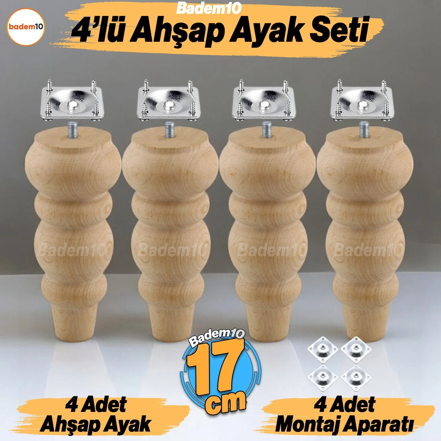 4 Adet Ahşap 17 cm Bağlantı Aparat Mobilya Koltuk Kanepe Berjer Ayağı Yükseltici Ayakları M8 Civata