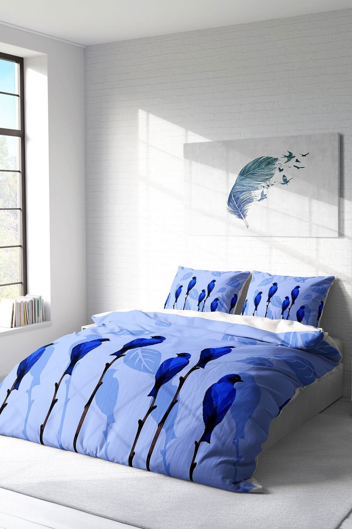 Kıng Sıze Blue Birds Naturel Çift Kişilik Nevresim Takımı 220x240cm
