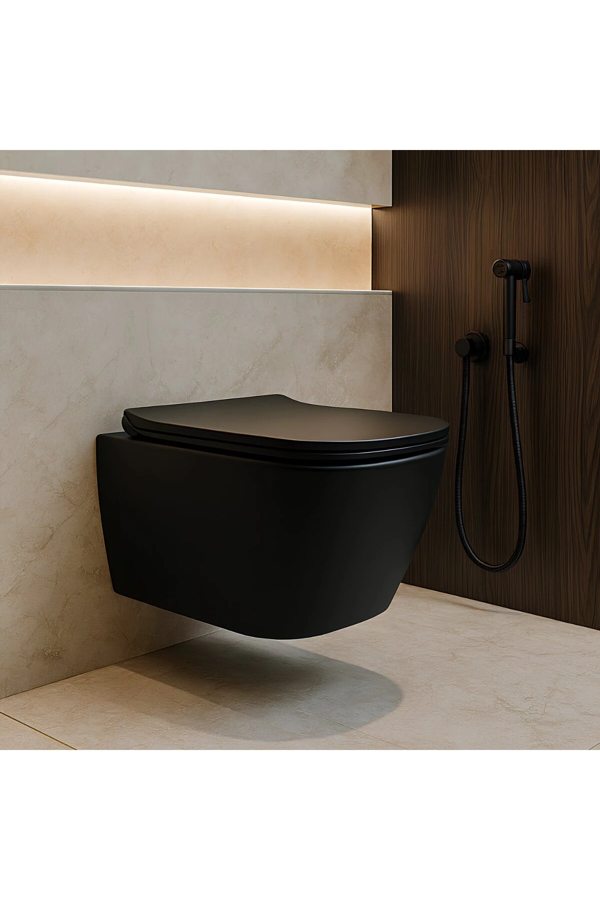 Luna Kanalsız Mat Siyah Asma Klozet LN5610S, Luna Mat Siyah Duroplast Yavaş Kapak