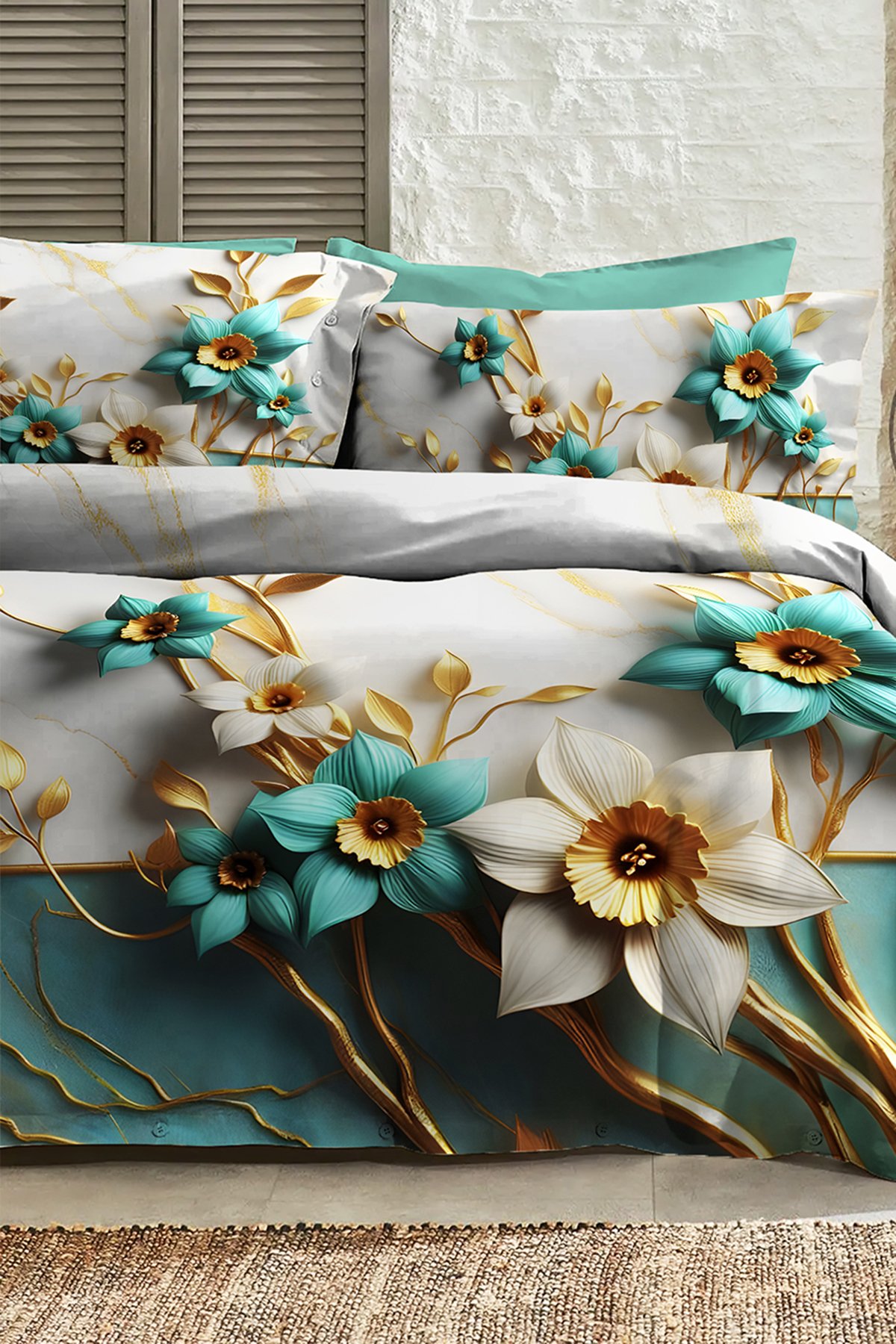 %100 Pamuk Ranforce Çeyizlik Luxury 5d Dijital Çift Kişilik Nevresim Takımı Turkuaz