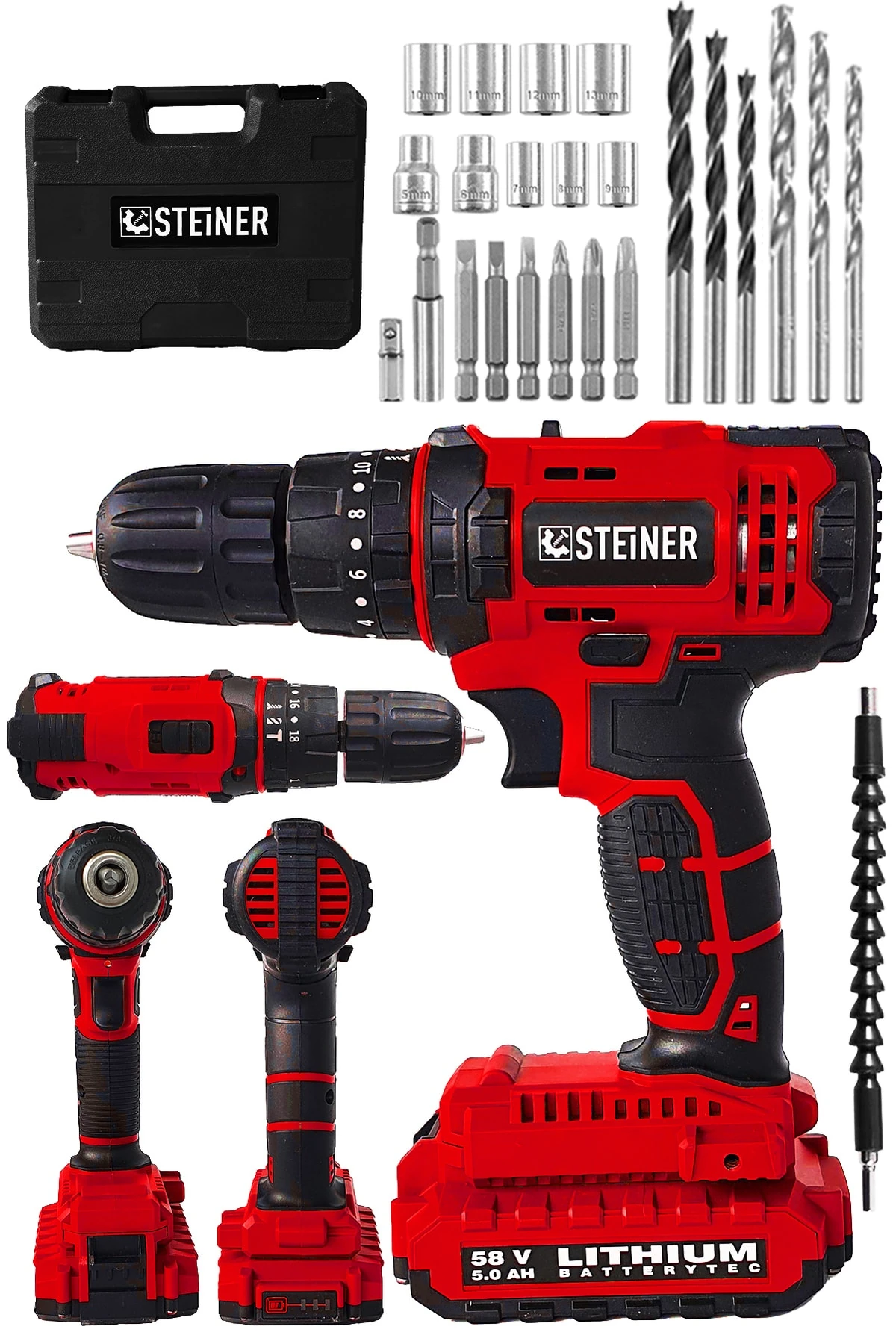 Alman 58 V 5 Ah Darbeli Lityum Çift Akülü Sjs Metal Şanzıman Şarjlı Vidalama Matkap 24 Pcs Set