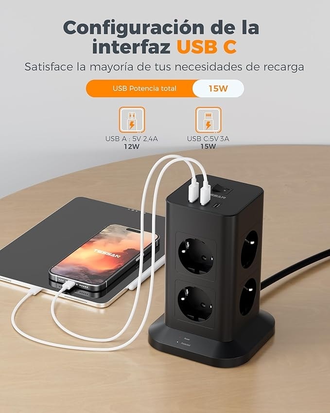 Akım Korumalı 8'li 2 Metre Type C ve Usb'li Grup Priz Siyah
