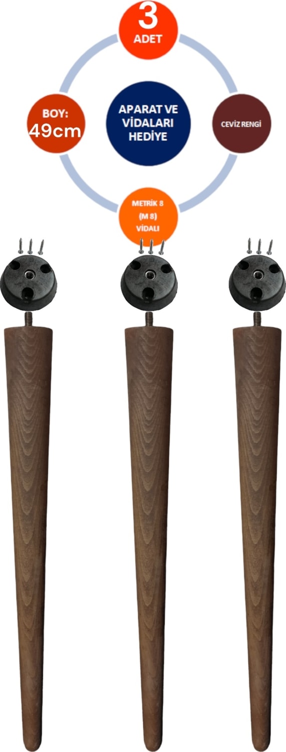 3'lü Ceviz 49 cm Ahşap Ayak Konik Masa-Sandalye-Tabure- Sehpa Ayağı Çap:4,6cm 3301000000664