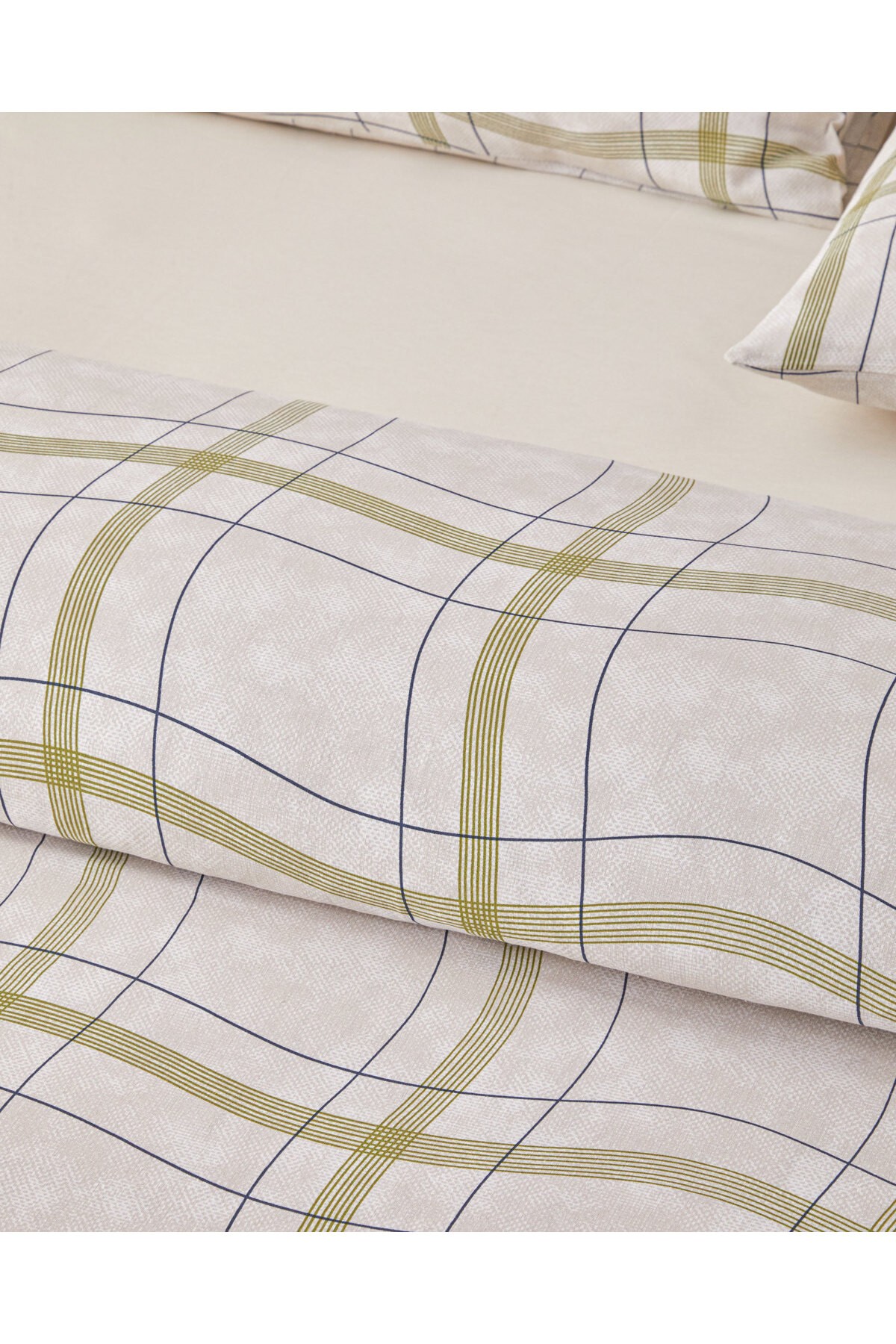 Wave Check Kolay Ütülenir Çift Kişilik Nevresim Takımı 200x220 cm Açık Yeşil-Bej