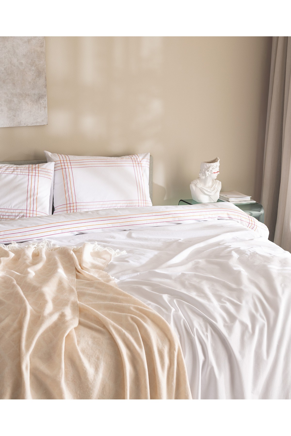 Holly King Size %100 Pamuklu Nevresim Takımı - Beyaz/turuncu