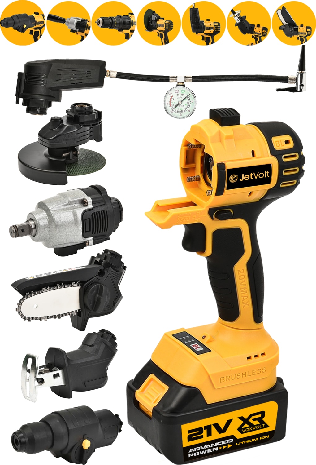 7 Başlıklı Set Taşlama Somun Sıkma Tilki Kuyruğu Dal Budama Akülü Vidalama Hava Pompası Hilti - Sarı