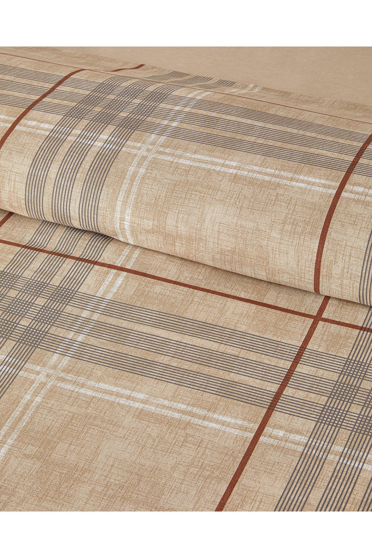 Natural Plaid Kolay Ütülenir Çift Kişilik Nevresim Takımı 200x220 cm Koyu Bej