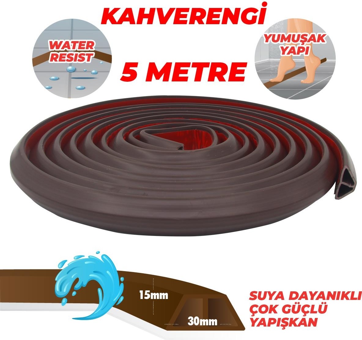 Duş, Kapı Eşiği, Mutfak Tezgahı Etrafı Su Kesici Bariyer Kahverengi 5 Metre
