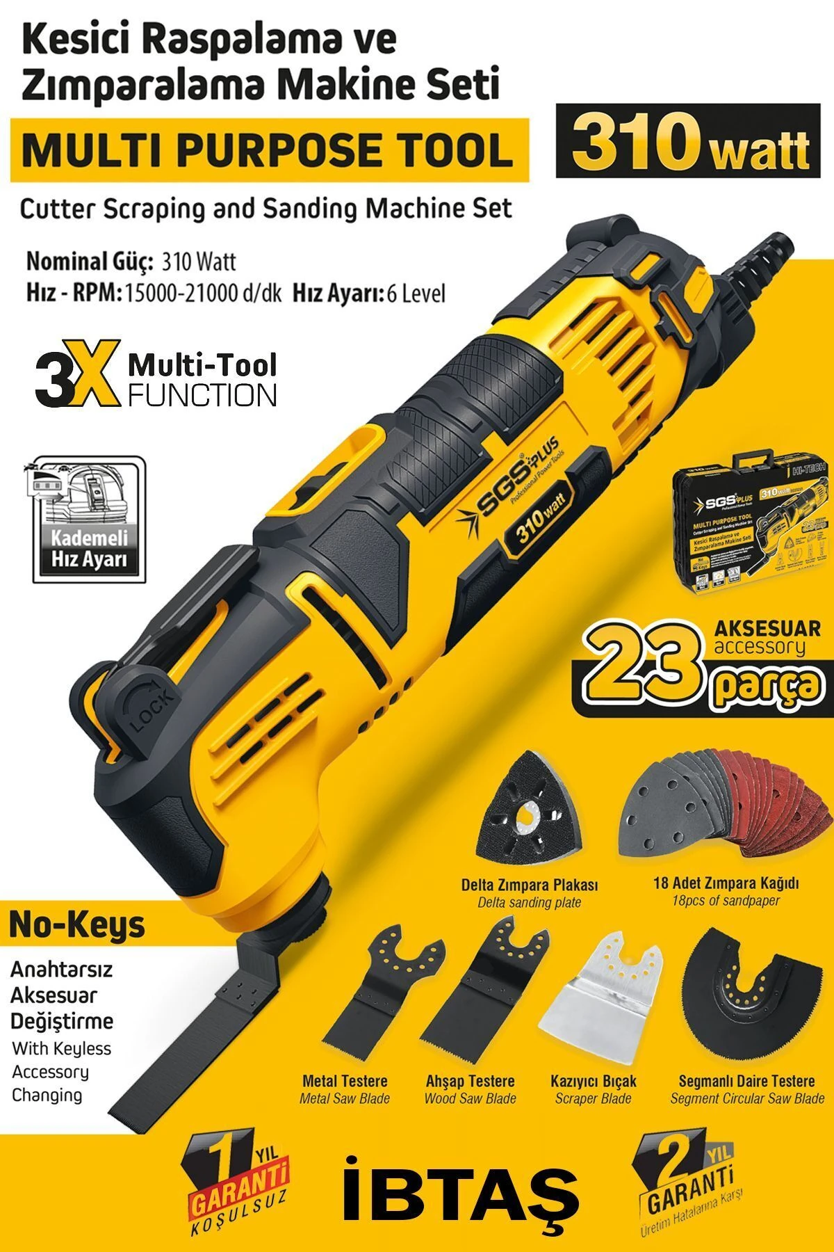 SGS5255 - Kesici Raspalama Zımparalama Makine Seti 310 Watt 23 Parça - Metal Ahşap Kazıyıcı Kesici