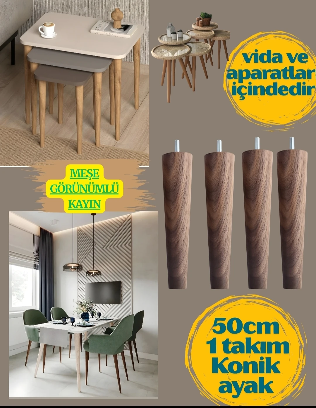 50CM 4'lük Masa Sehpa Ayağı Meşe Görünümlü