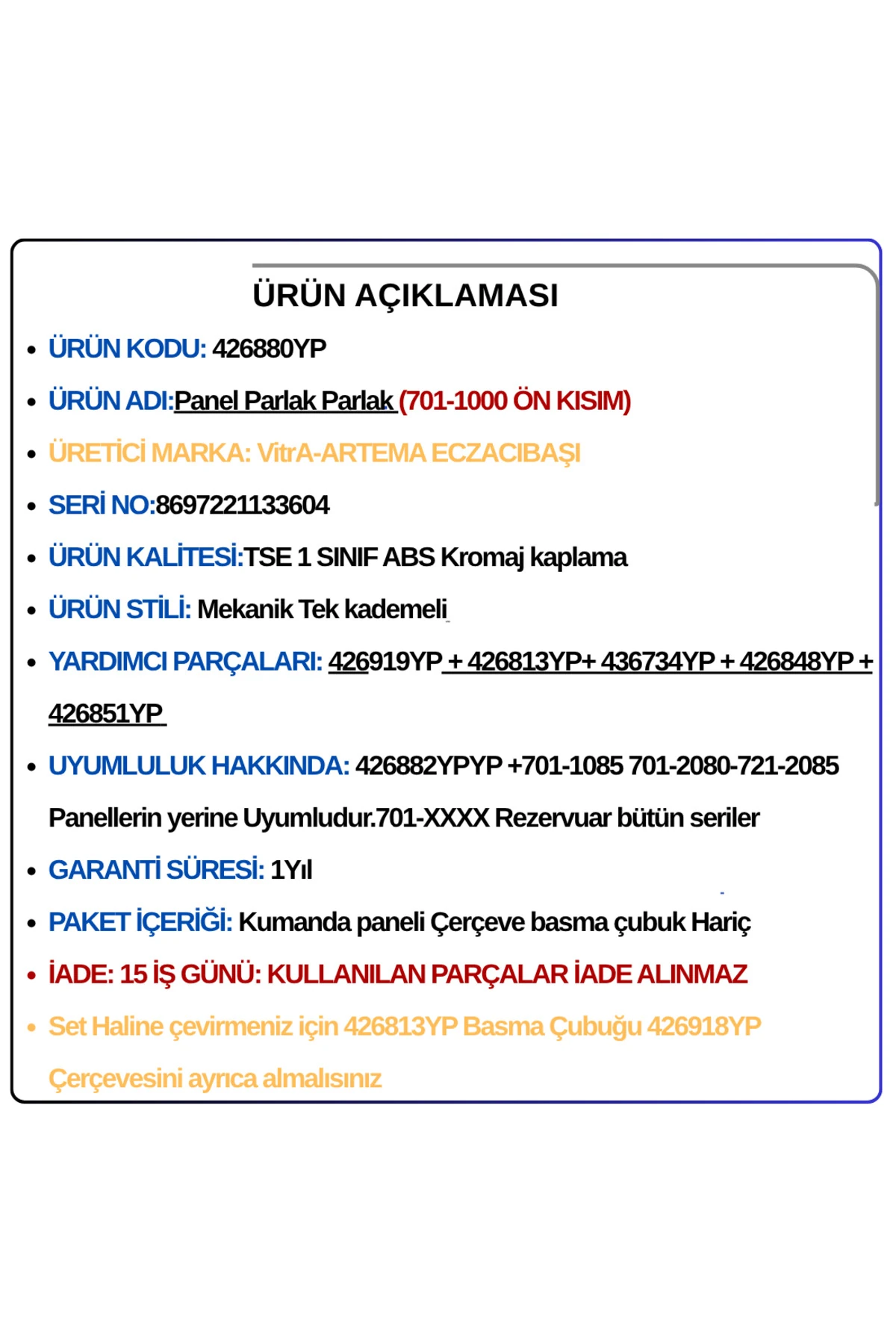 426880YP  Kumanda Paneli Ön Kısım Parlak Beyaz