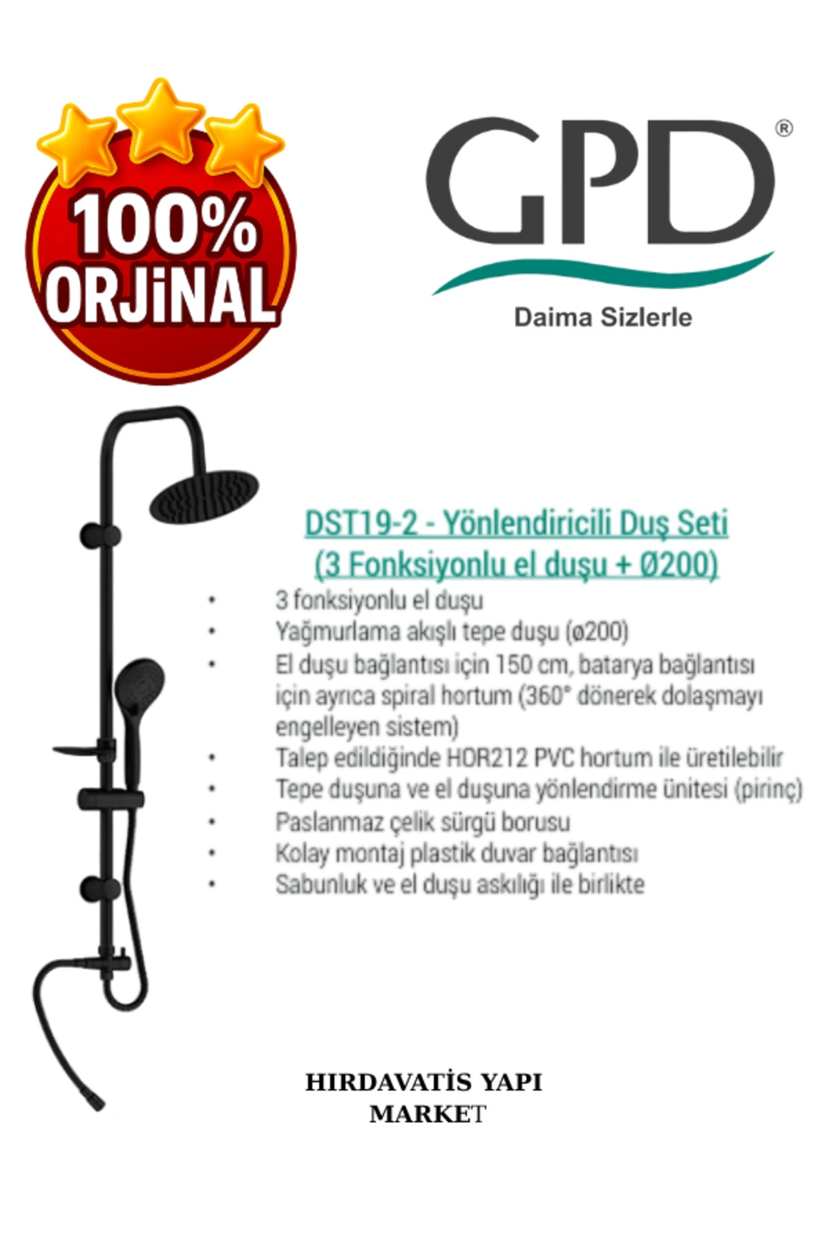 DST19-2-S Yönlendiricili Duş Seti (3 Fonksiyonlu El Duşu + Ø200)