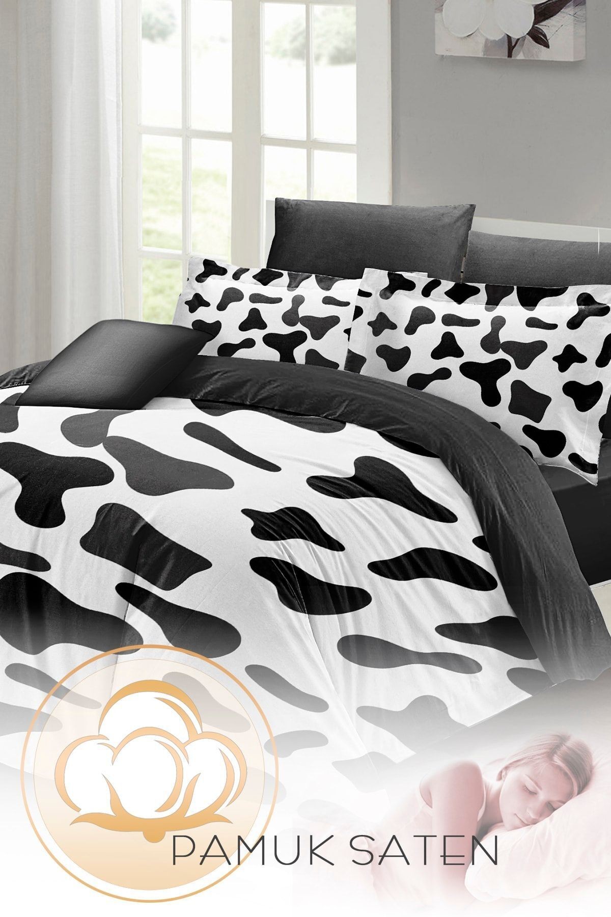 Cow 3D Pamuk Saten Çift Kişilik Nevresim Takımı