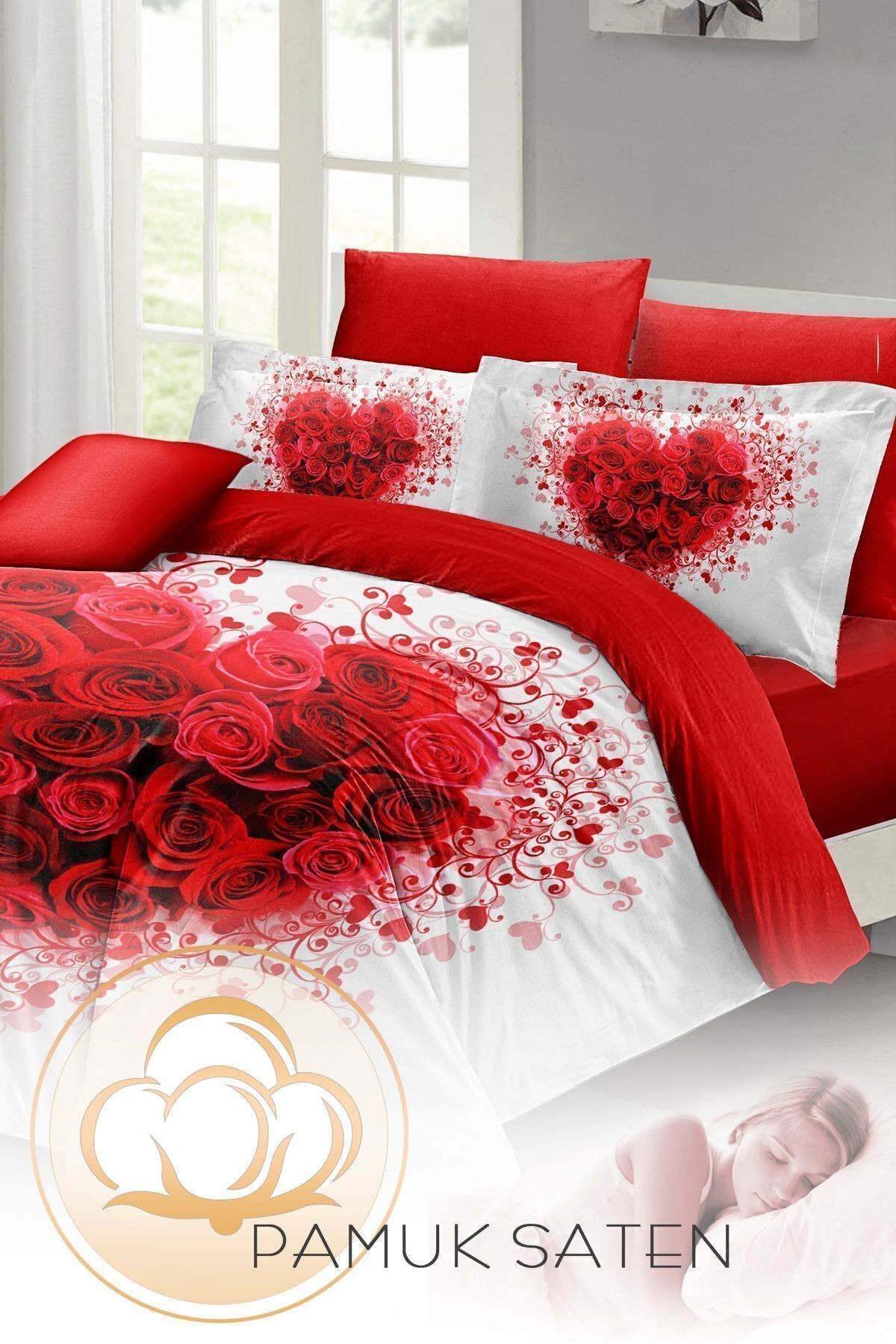 Kalpli Nevresim 3d Dijital Özel Tasarım Pamuk Saten Çift Kişilik Rose Heart