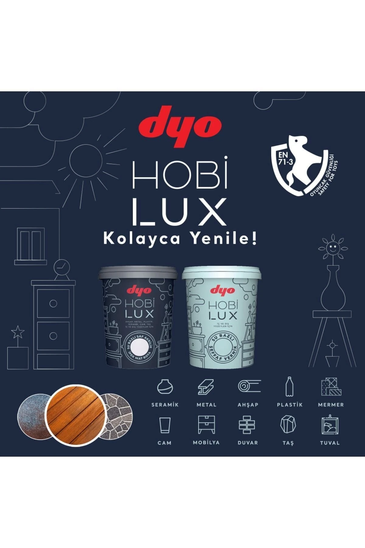 Dyo Hobilux0.9lt Akrilik Ipek Mat Boya+hobilux Şefaf Vernik0.4lt+kestirme Fırça 2no+parmak Rulo Fırçaucu