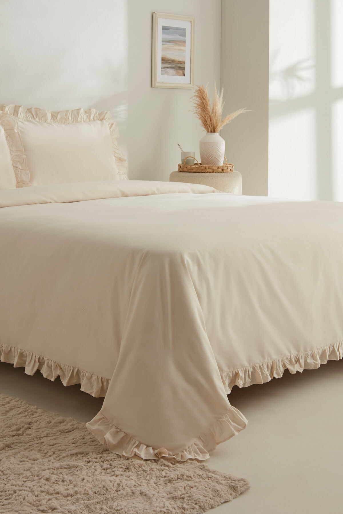 Pure Ruffle %100 Pamuk King Size Nevresim Takımı Açık Bej