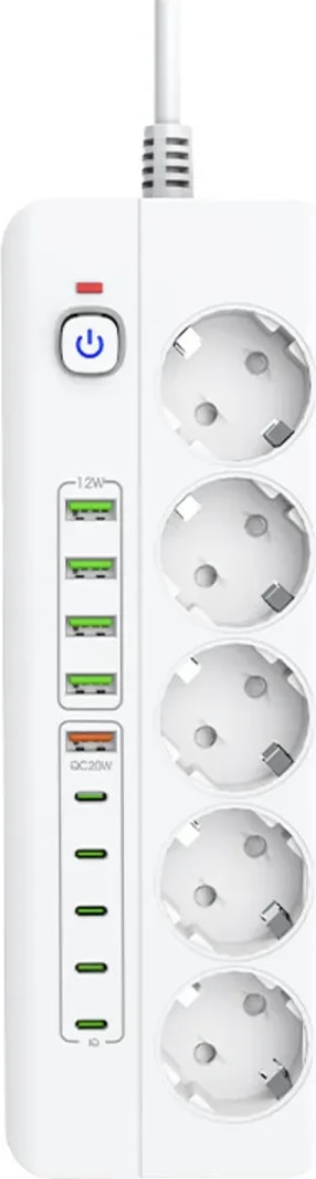 Isıya Dayanıklı Power Tuşlu 5'li Grup Priz 5x USB 5x Type-C Çıkışlı Priz 2 mt Kablolu
