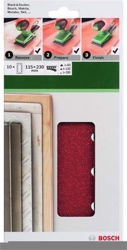 BOSCH - Titreşimli Zımpara Kağıdı 10'Lu Set, 115 X 230 Mm 60/120/180 Kum 14 Delik