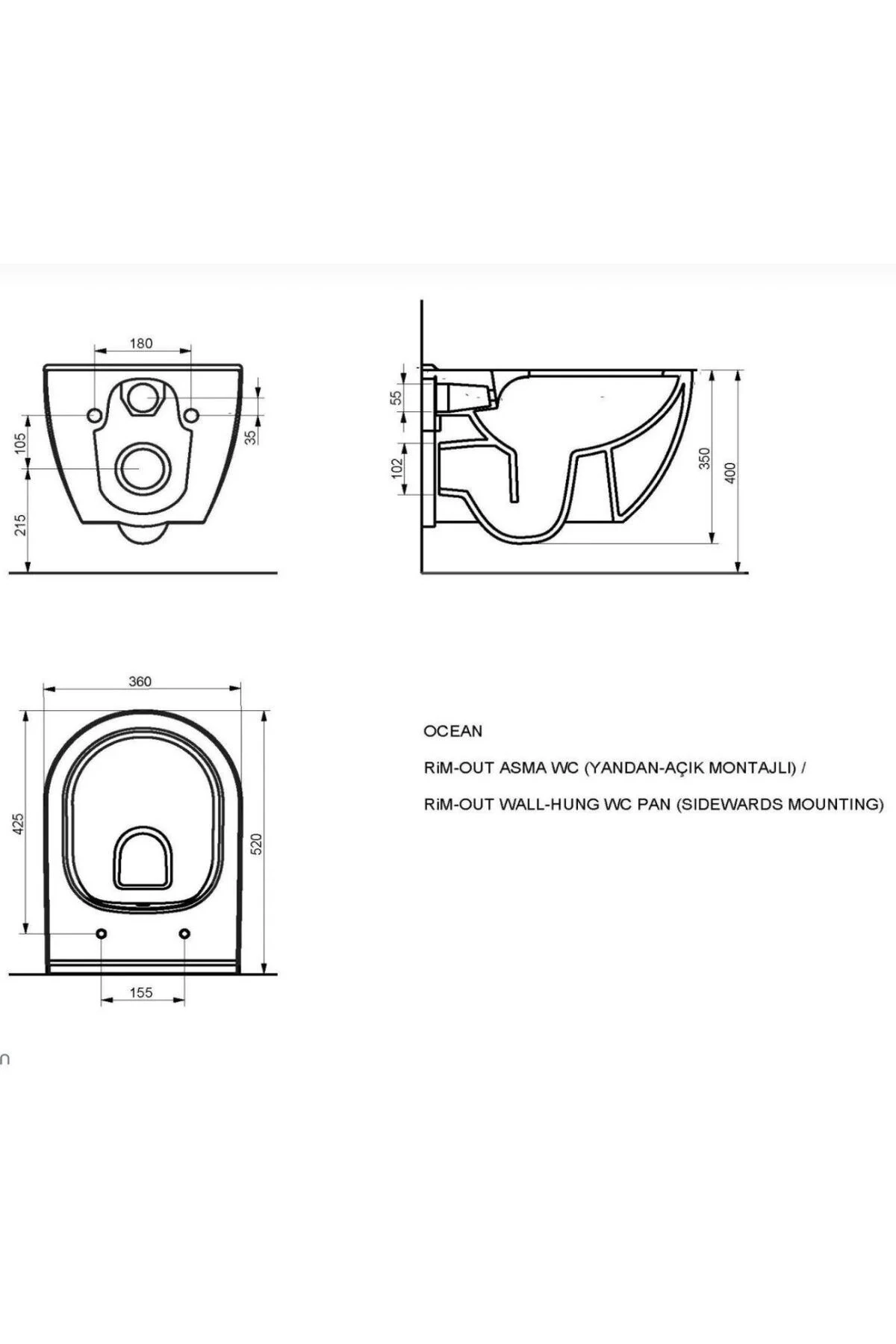 OCEAN KANALSIZ PARLAK BEYAZ ASMA KLOZET YAVAŞ KAPANAN ORJİNAL OCEAN STELLA KAPAK A031171H