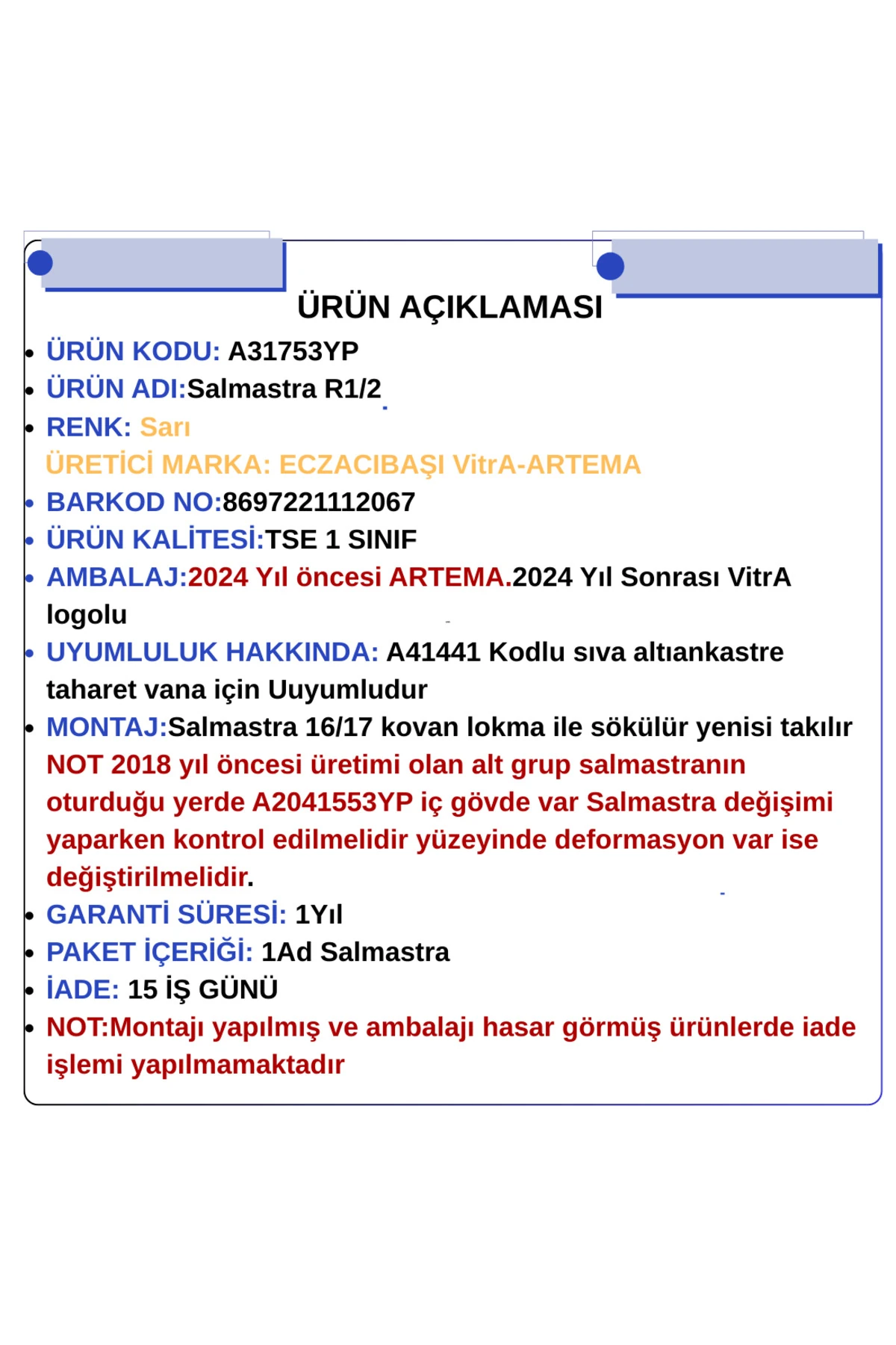 A31753YP Stop valf salmastra Ankastre vana için