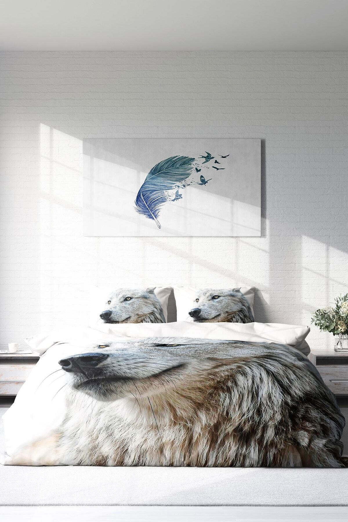 Kıng Sıze White Wolf Naturel Çift Kişilik Nevresim Takımı 220x240cm