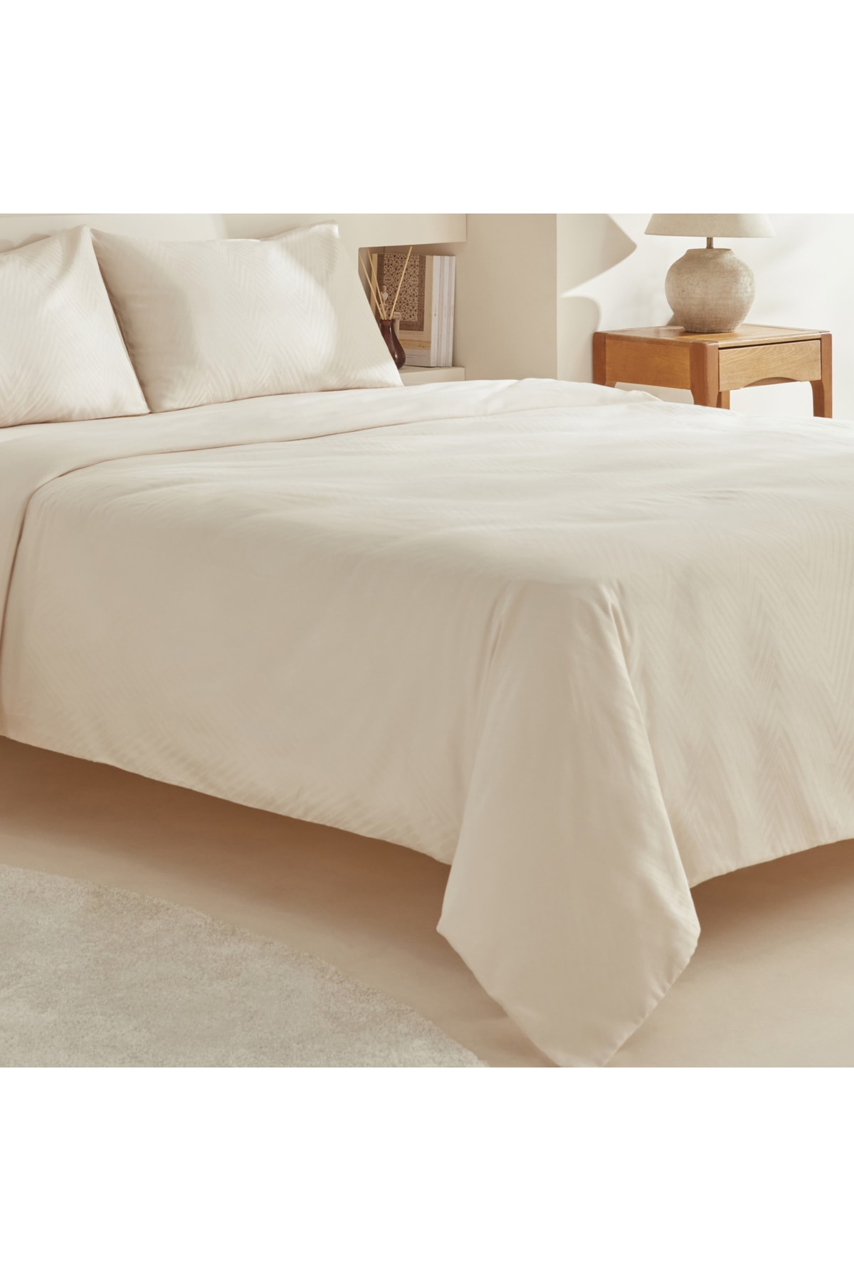 Sion %100 Pamuk Jakarlı Saten King Size Nevresim Takımı Ekru