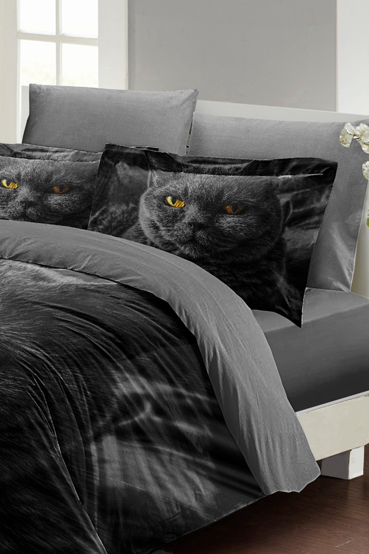 Kıng Sıze Serious Cat Naturel Çift Kişilik Nevresim Takımı 220x240cm