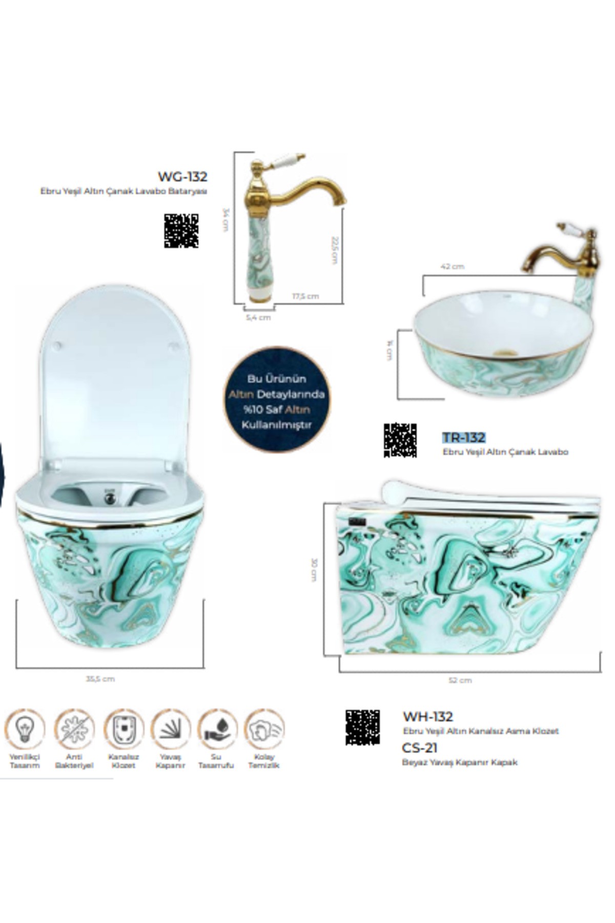 Pure Ebru Yesıl Altın Kanalsız Asma Klozet Wh-132 Soft Kapak