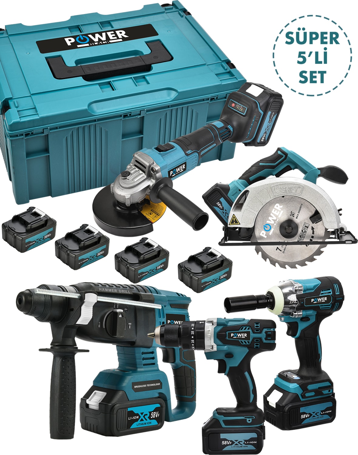 Germany 5'lü Set 58V 5AH Şarjlı Taşlama- Şarjlı HILTI-13MM Darbeli Şarjlı Matkap-Şarjlı Somun Sıkma Şarjlıdaire Testere