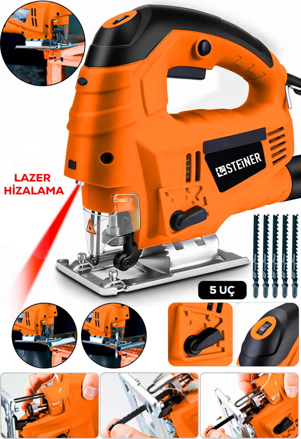 Alman 4600 W Lazerli Sjs Metal Şanzuman 6 Kademe Devirli Pandül Ayarlı Dekupaj Testere Makinesi 5 Uç Turuncu