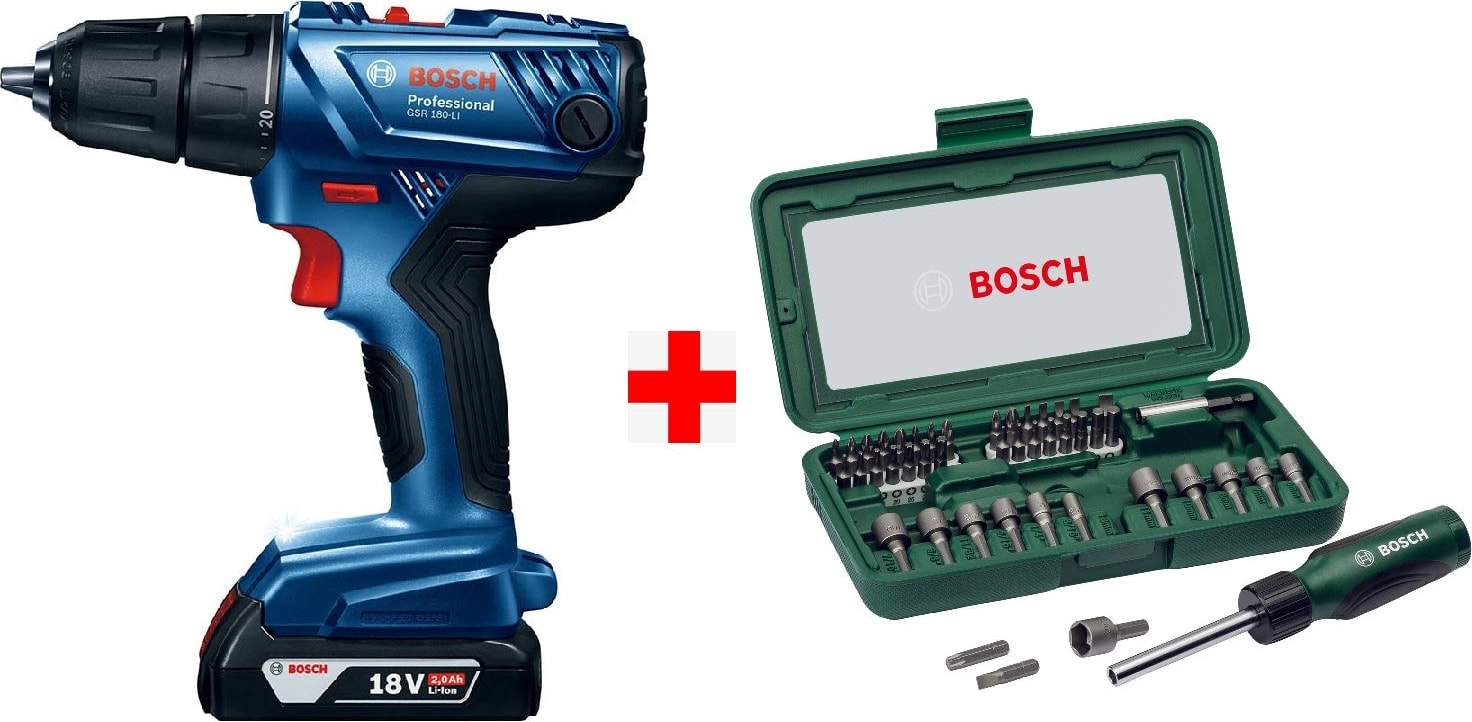 BOSCH Gsr 180-LI Akülü Vidalama Şarjlı Matkap + 46 Parça Tornavida Vidalama Ucu ve Lokma Ucu Seti