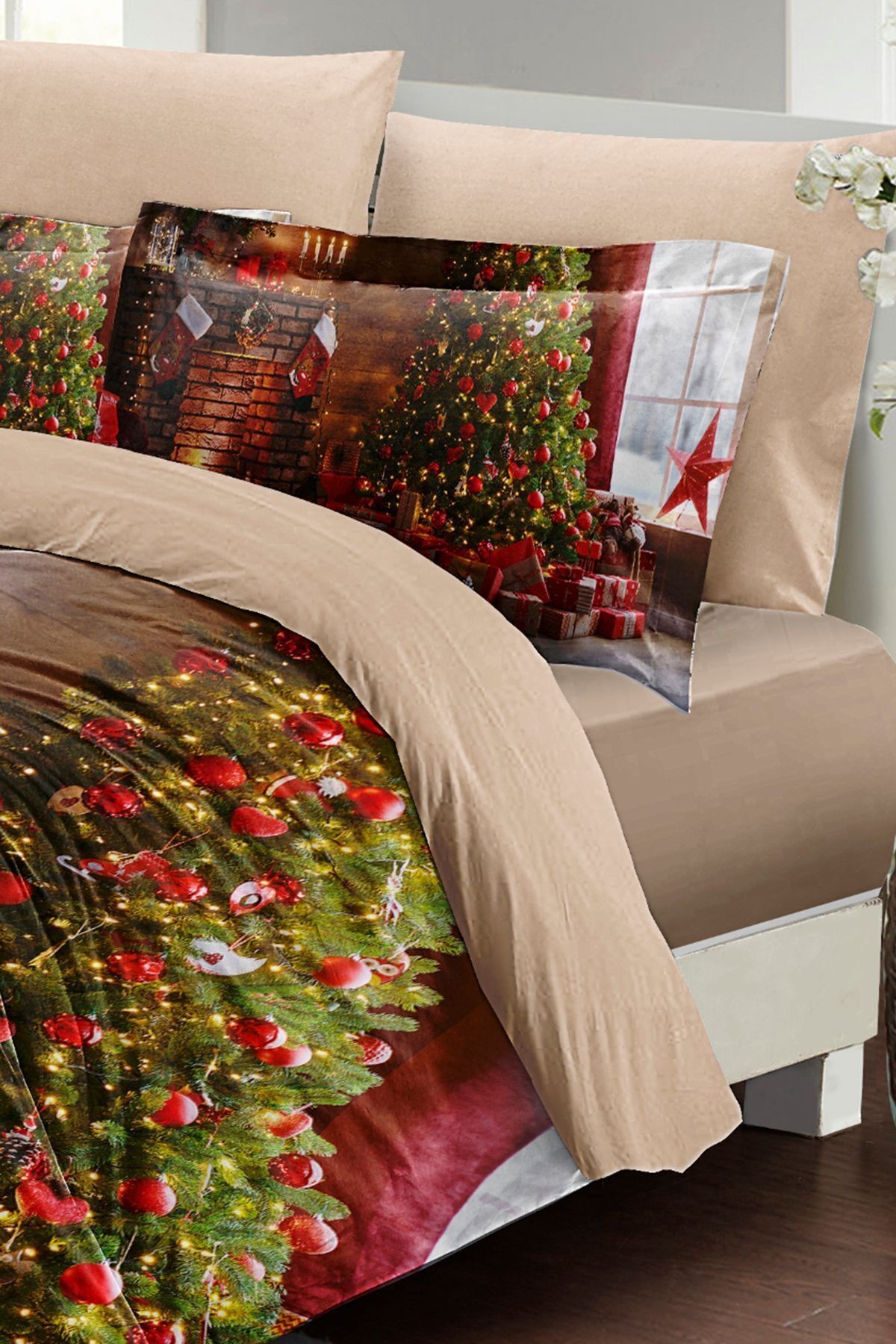 Yılbaşı Nevresim Takımı (Lastikli Çarşaflı) Çift Kişilik %100 Pamuk Saten Christmas Hows