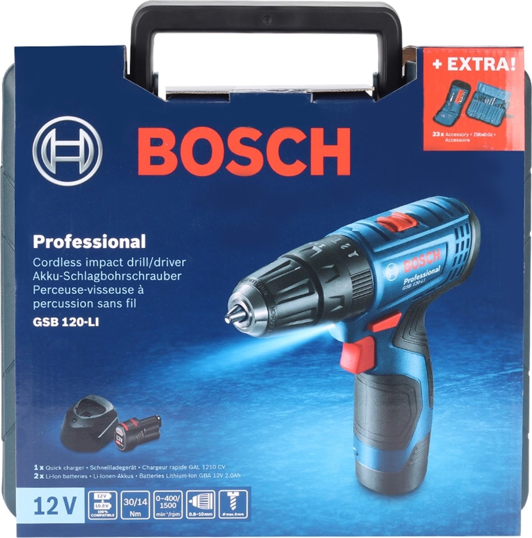 BOSCH Professional GSB 120 LI 2 AH Çift Akülü Darbeli Delme Vidalama + Aksesuar Seti