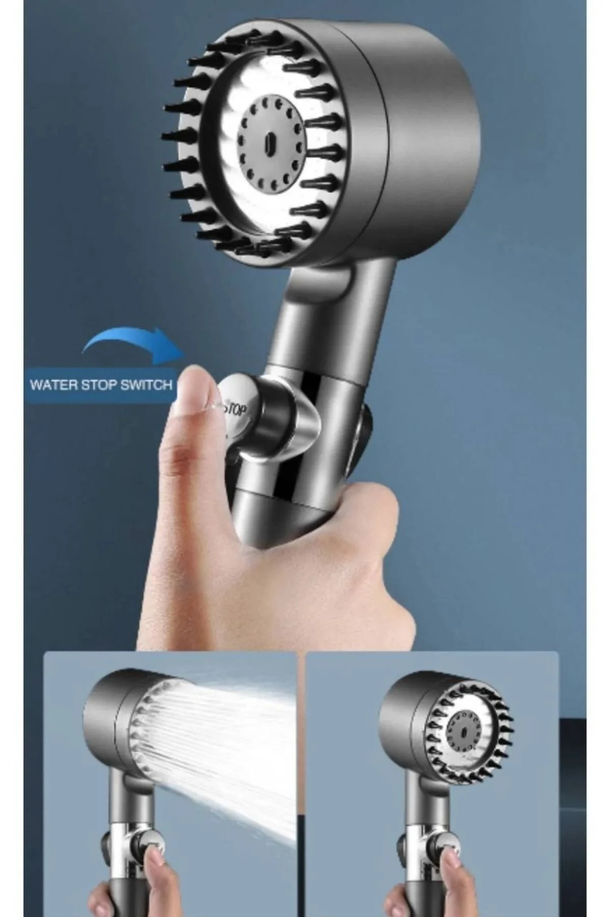 Yüksek basınçlı, masajlı, 3 kademeli, su tasarruflu, filtreli gri duş başlığı