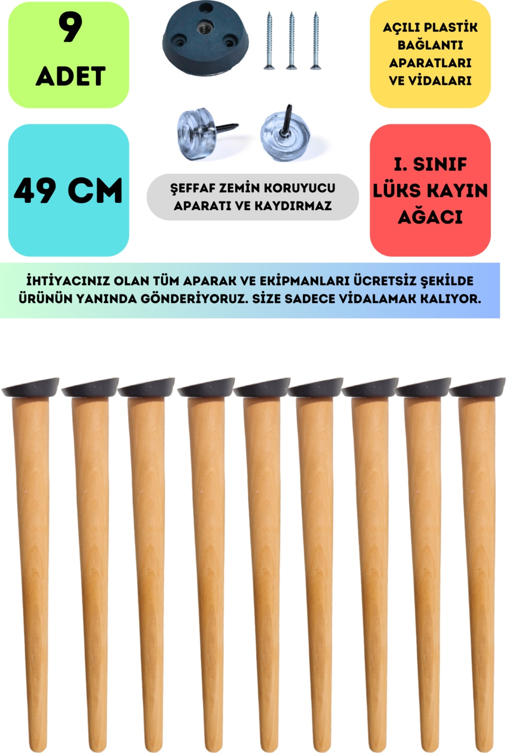 9'lu Konik Lüks Ahşap Ayak, Masa Ayağı, Sehpa Ayağı, Açılı Parat ve Vidalar 49 cm