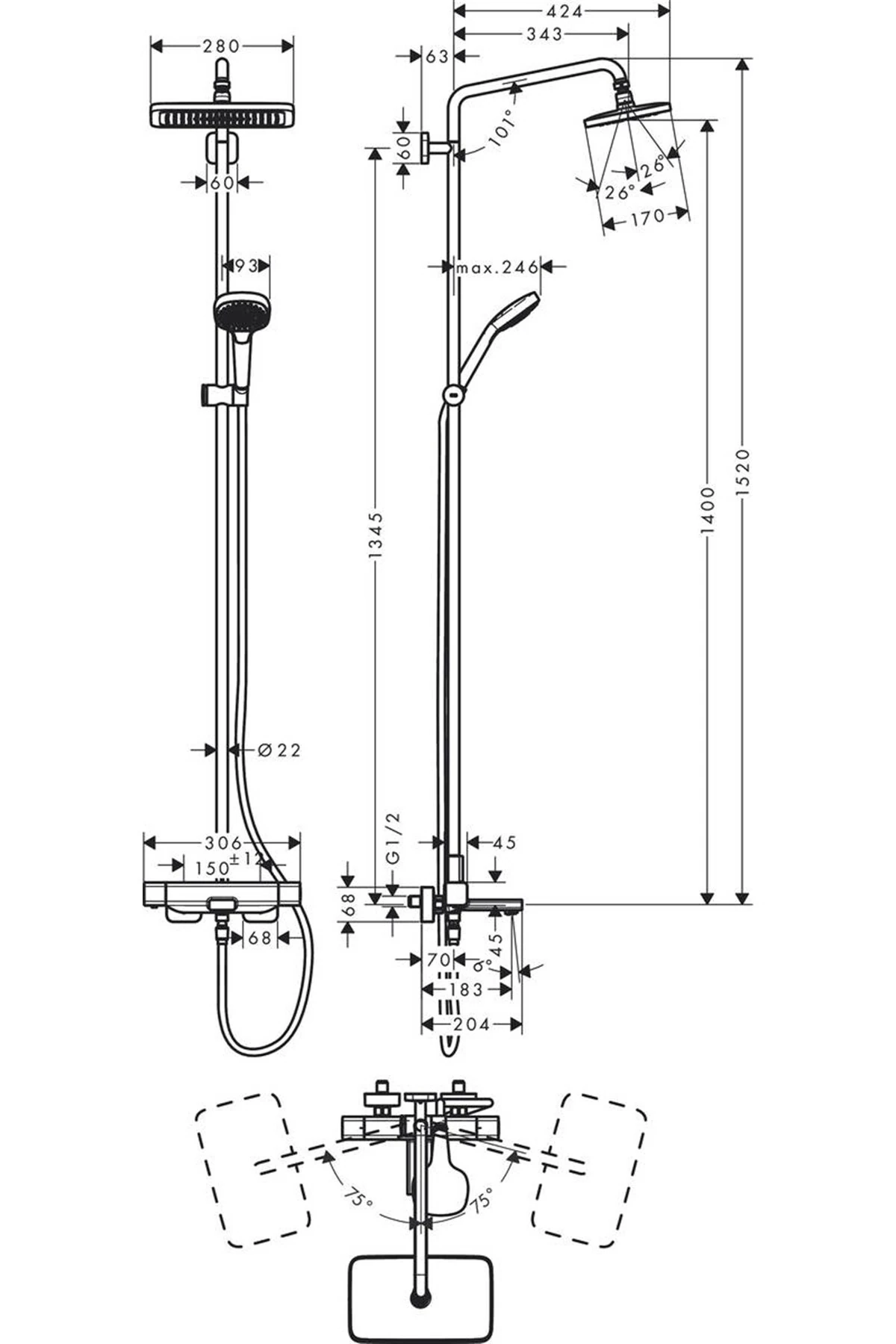 Croma E Duş Kolonu 280 1jet Termostatik Banyo
