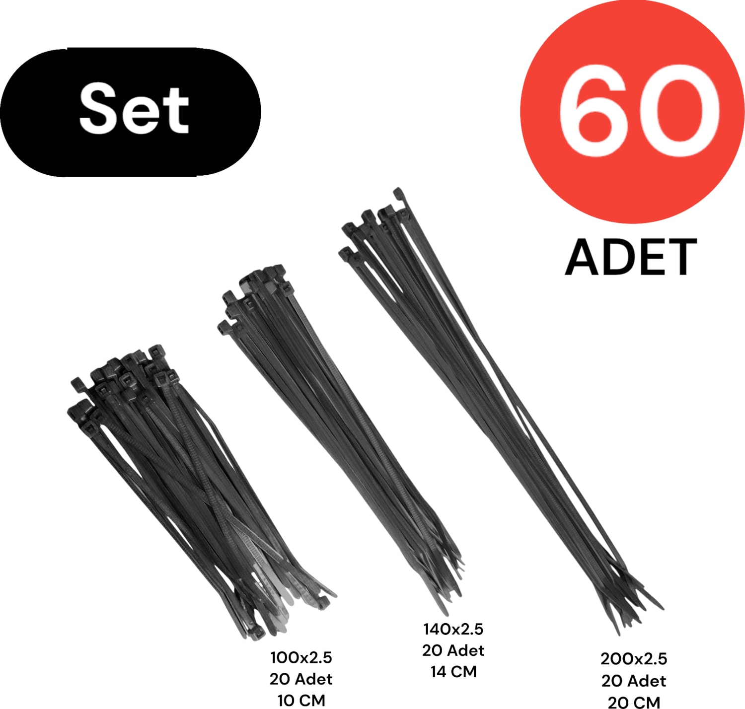 Plastik Kablo Bağı Cırt Kelepçe Set 100-150-250 x 2.5 mm Siyah (20 x 3) 60 Adet
