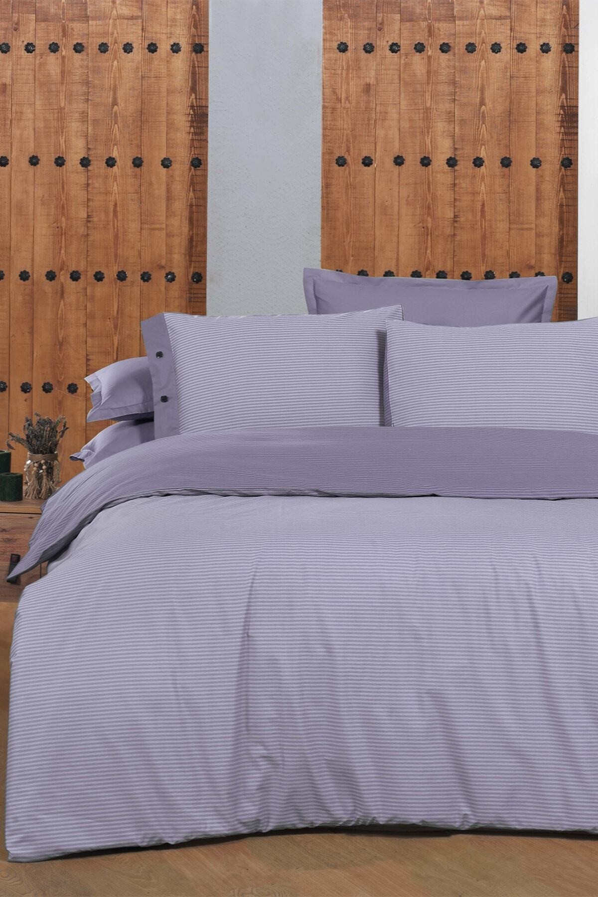 New Fancy Stripe Lila King Size (battal Boy) %100 Pamuk Çizgili Nevresim Takımı