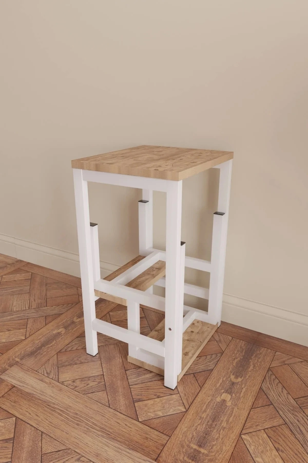 Katlanabillir Metal Ahşap Basamaklı Tabure Merdiven Çiçeklik Çok Amaçlı Tabure Beyaz